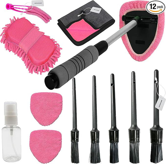 Car Detailing Kit-Car Wash Kit-Detailing Brush Set- Cleaning Kits with Windshield Cleaner and Wash Sponge-Car Interior Cleaning Kit-Car Cleaning Supplies for Windows, Dashboard, Air Vents (pink)