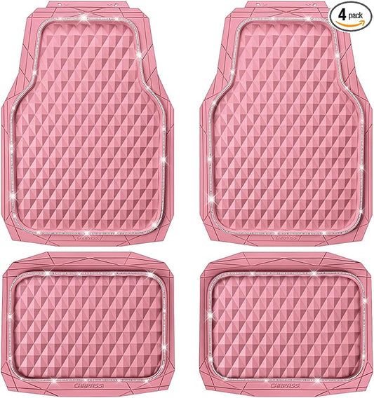 CAR PASS Bling Diamond Rubber Car Mats, Heavy Duty Deep Dish All-Weather Floor Mat Full Set Anti-Slip 3D Rhombus Waterproof Trim Fit Liner Universal Glitter Sparkly Shining Rhinestone, Pink Rubber