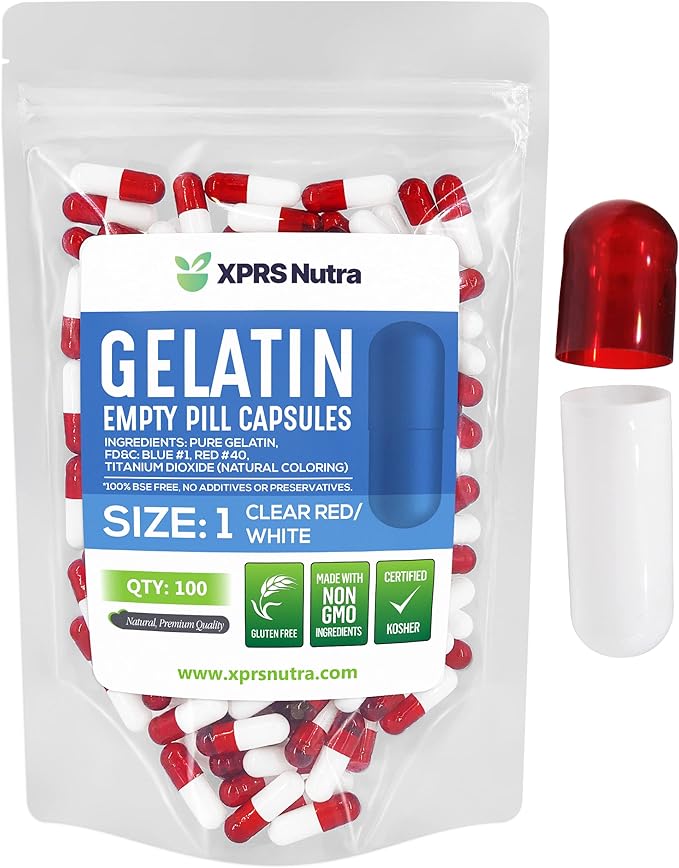 XPRS Nutra Size 1 Empty Capsules - 100 Count Empty Gelatin Capsules - Pill DIY Capsule Filling - Pure Bovine Pill Gel Caps for Do-It-Yourself Supplements (Clear Red/White)