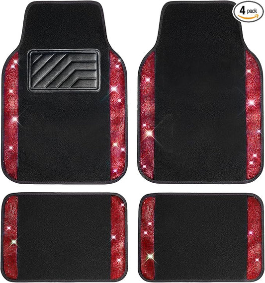 CAR PASS Bling Diamond Car Floor Mats, Shining Rhinestone Carpet Sparkly Glitter Crystal with Anti-Slip PVC Heel Pad Waterproof Universal Fit Automotive SUV,Sedan,Van,Cute Girl Women,4pcs Black Red