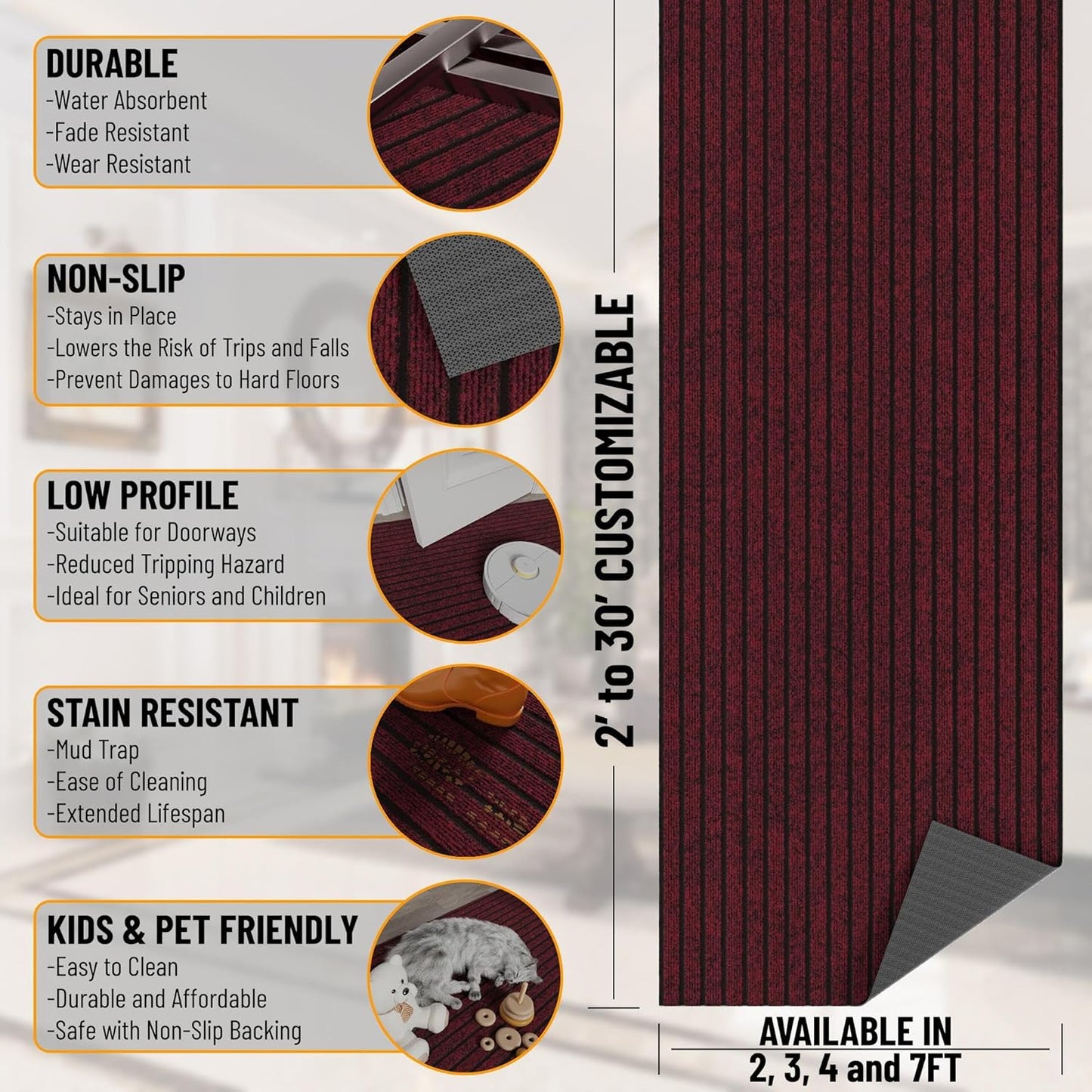 Ottomanson 2'7" x 14' Hallway Runner with Scraper Pile Extra Durable Non-Slip Rug Mat for Indoor & Outdoor Use - Ideal for Kitchen, Entryway, Patio & Garage - High-Traffic Carpet, Red