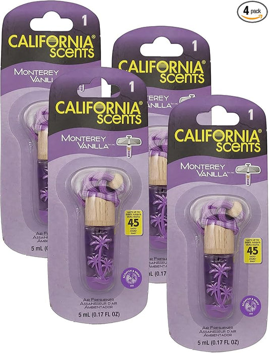 California Scents Air Fresheners Hanging Vial Necklace, Hanging Car Air Freshener & Odor Eliminator for Strong Odor (4 Packs, Monterey Vanilla)