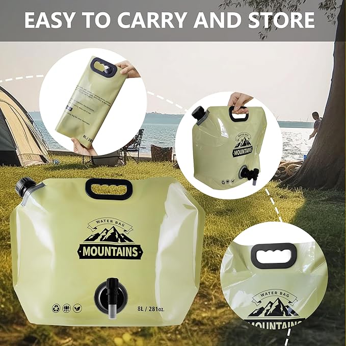Collapsible 8L Water Storage Bag, BPA-Free Portable Folding Water Jug with Adjustable Faucet, Leakproof Emergency Water Bag for Camping, Hiking, Riding, Outdoor Sport (BEIGE, 1)