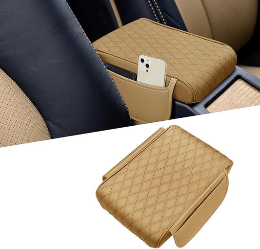 Car Center Console Cover, Napa Leather Car Armrest Cushion with Side Pockets, Memory Foam Auto Armrest Seat Box Mat, Universal Interior Armrest Protective Cover Accessories for Most Vehicle