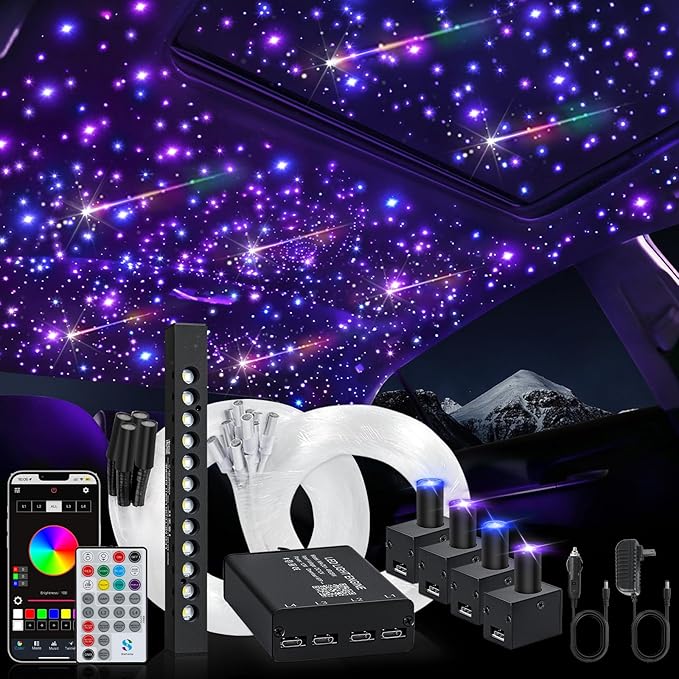 Split Car Starlight Headliner Kit, 4 Colors 12W Meteor Fiber Optic Starlight Kit, 1000pcs*0.02in*9.8ft+240 RGBW Sound Activate Shooting Star Lights for Ceiling Car Roof/Home Decor
