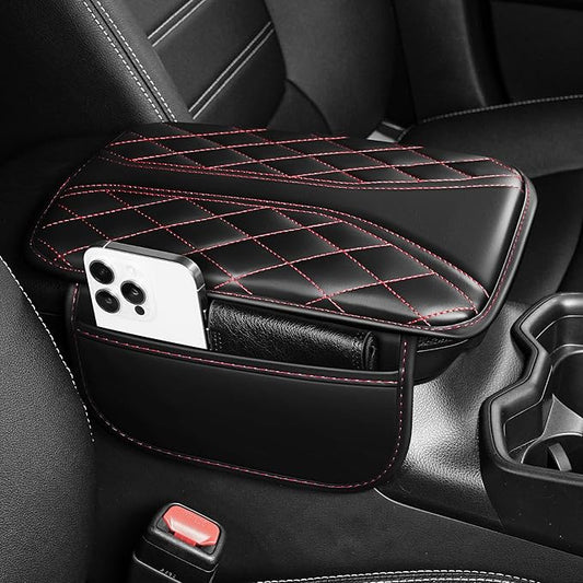 Car Center Console Cover Fit for Jeep Cherokee - Leather Armrest Covers with 2 Storage Pockets(Black&Red)