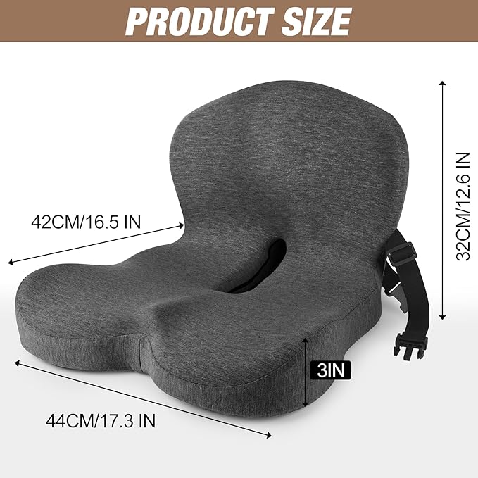 MYFAMIREA Truck Seat Cushion, Memory Foam Trucker Seat Cushion for Truck Driver Long Sitting with Adjustable Strap, Back Support and Pain Relief for Trucker Driving Office Chair and Pain, Dark Gray