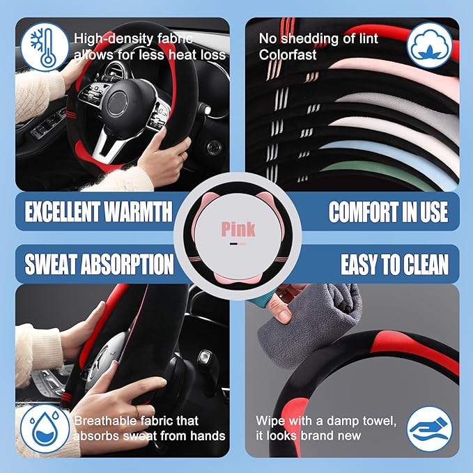 Furry Cute Steering Wheel Cover, Soft Fluffy Short Plush Auto Accessories, Non-Slip Cold-Proof Sweat-Proof Colorfast, Universal 15 inch(Black with Pink)