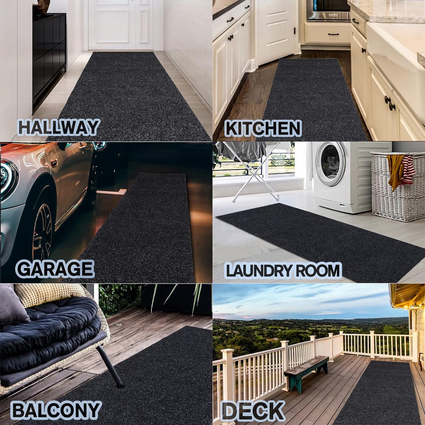 Custom Size Backed Non-Slip Area Rugs Runner, Easy Clean, Waterproof Runner Rugs for Hallway Entryway, Kitchen, Laundry, 3FT x 63FT, Black