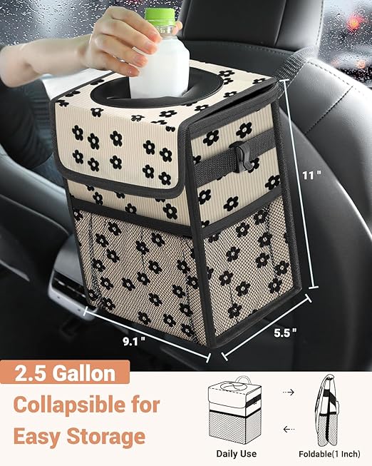 Capolo Car Trash Can with Lid, Leakproof Car Trash Bag Hanging Waterproof Automotive Garbage Can with Storage Pockets Mini Vehicle Trash Bin for Back/Front Seat(Black Flower,2.5 Gallon)