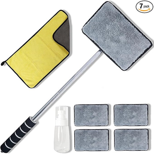 7Pcs Car Windshield Cleaner Tool Kit with Extendable Handle & 4 Upgraded High-Density Reusable Microfiber Pads, Velcro Microfiber Pads for Fast Stick & Peel for Cars, SUVs, Trucks & Home Windows