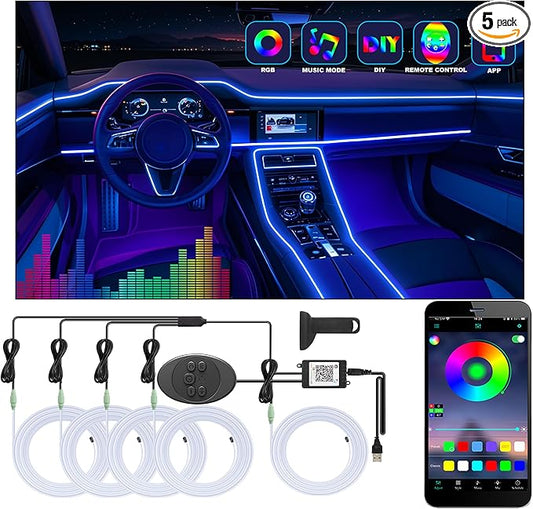 5 in 1 Car Led Strip Lights with App Control, RGB Colors Interior Car Lights, Ambient Led Lighting Kit, 4 Light Flashing Modes, USB Neon Accessories for Doors, Center Console