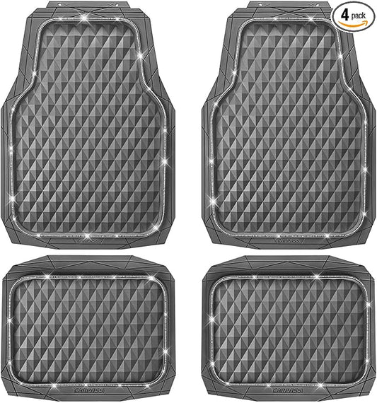 CAR PASS Bling Diamond Rubber Car Mats, Heavy Duty Deep Dish All-Weather Floor Mat Full Set Anti-Slip 3D Rhombus Waterproof Trim Fit Liner Universal Glitter Sparkly Shining Rhinestone, Gray Rubber