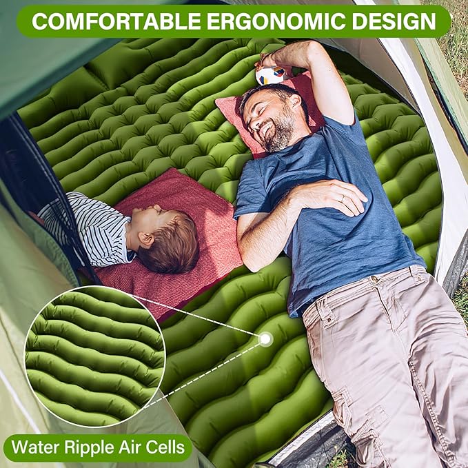 Double Sleeping Pad - Self Inflating 4" Extra-Thick for 2 Person with Pillow Built-in Foot Pump Inflatable Sleeping Mat for Backpacking, Hiking, Traveling, Tent, Portable Camping Mat