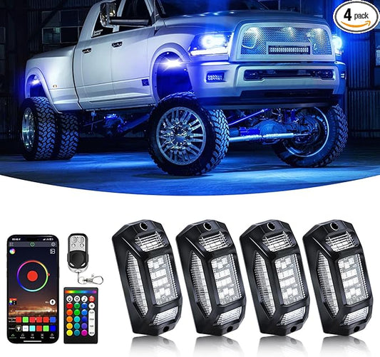 4 Pods 5-Sides Full Angle RGB LED Rock Lights High Brightness 36 Beads RGB 5050 IP68 Waterproof Underglow Multicolor Zone Neon Exterior Rock Lights for 12V Trucks Jeep UTV ATV RZR Offroad Pickup SUV