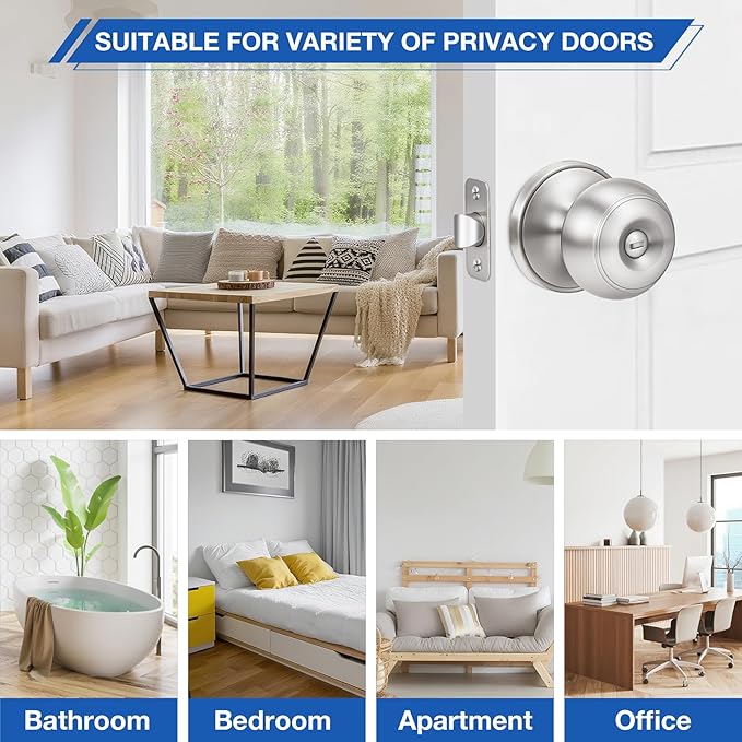 Plustool 6 Pack Brushed Nickel Door Knobs,Privacy Door Knob with Lock, Interior Doorknobs Silver, Keyless Door Locks Set for Bedrooms Bathrooms, Reversible for Left/Right Door Handle
