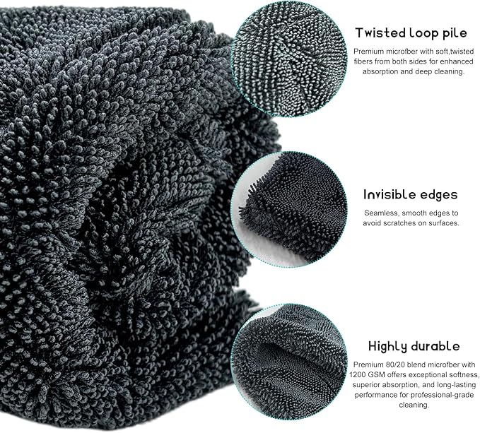 Microfiber Towels for Cars, 23.6"x35.4" 1200 GSM Ultra Thick Soft Car Detailing Drying Towel, Super Absorbent Double Twisted Loop Cloth Cleaning Towel for Car Truck SUV
