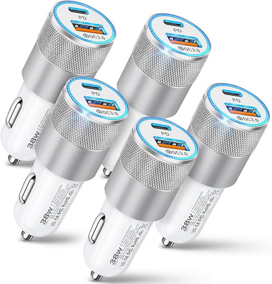 Car Charger, 5 Pack 38W Dual Ports USB-C & USB-A Cigarette Lighter Adapter Fast Charging Car Phone Charger for iPhone 16e 16 15 14 13, Samsung S25 S24, Pixel Cargador para Carro Phone Plug for Car