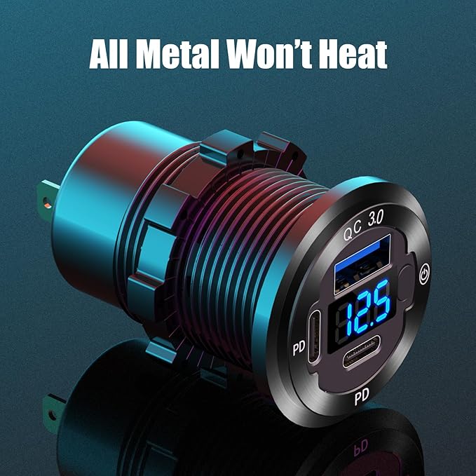 2 Pack 12V USB Outlet 3 Port Car Charger Socket, 78W Dual PD USB C 30W and Quick Charge3.0 Port Aluminum Charger Waterproof with Voltmeter and Button Switch for Boat Marine Motorcycle RV Truck, etc