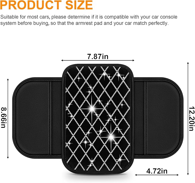 Bling Armrest Cover for Car Compatible with Jeep Gladiator - Center Console Cover with 2 Storage Pockets and Crystal Diamond(Black)