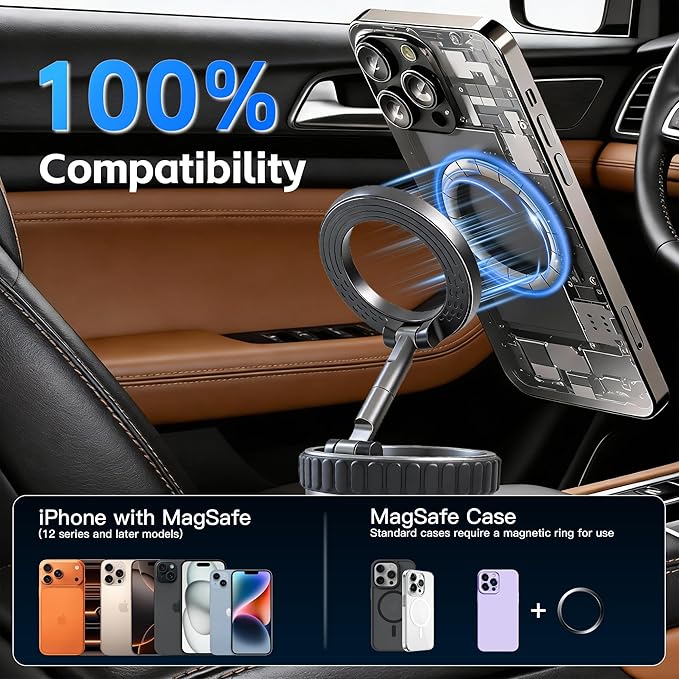 Car Phone Holder [120LBS Strongest Suction 2800gf Magnetic], 360° Adjustable for Magsafe Car Mount, Car Phone Mount for Cars/Gyms/Mirrors/Shower Stalls, Compatible with iPhone and Android Devices (2)