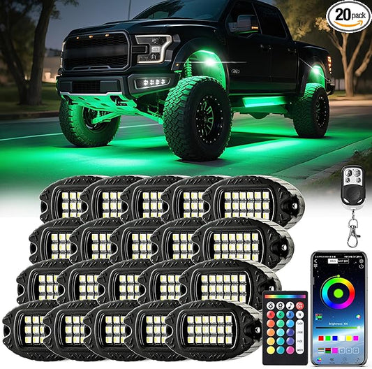 20 Pods Alloy RGBW LED Rock Lights for ATV UTV Golf Cart RZR Semi Truck RV Offroad SUV Cars, Upgraded RGB Waterproof Multicolor Neon Underglow Light with APP/RF Remote Music Mode, Underbody Lighting