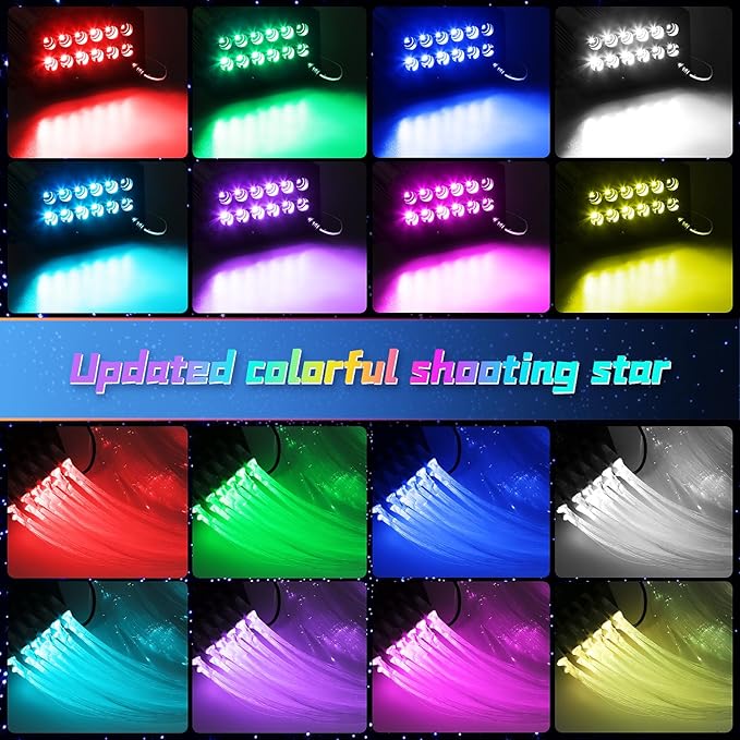 Car Starlight Headliner Kit, 4 Colors 32W Twinkle & Meteor Fiber Optic Shooting Stars Lights, 2 in 1 Light Engine 800pcs*0.03in*13.1ft+240 RGBW 4 Port Ceiling Starlights for Car Home Roof Décor