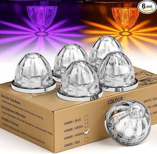 6-Pack Dual Color Watermelon Lights LED Strobe & Steady Cab Roof Clearance Marker Warning Lights Amber Purple Side Marker Lamp with Bezel for Truck Trailer RV Off-Road Vehicle