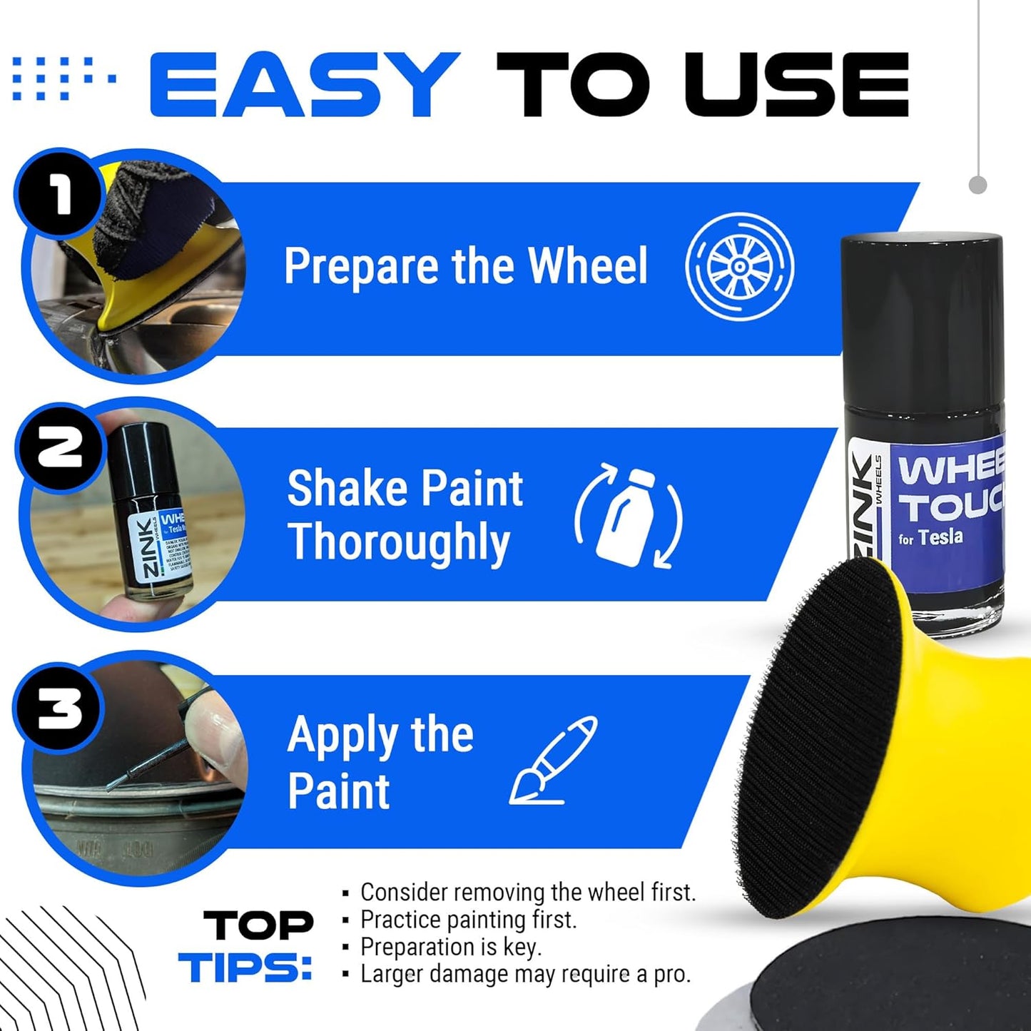 Premium Tesla Wheel Curb Rash Repair Kit for Model S 21-inch Black Arachnid Rims - DIY Kit with Color-matched Touch Up Paint - Made in USA