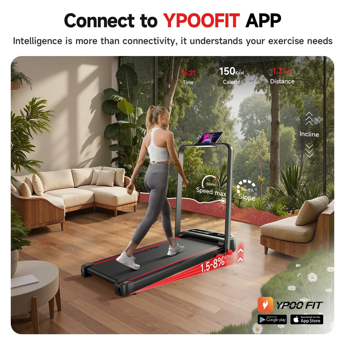 RHYTHM FUN Incline Foldable Treadmill, Walking Pad Treadmill with Incline, 300 lbs Portable Treadmills with Handles for Home Office Use, Under Desk Compact Walking pad with LED Display & APP