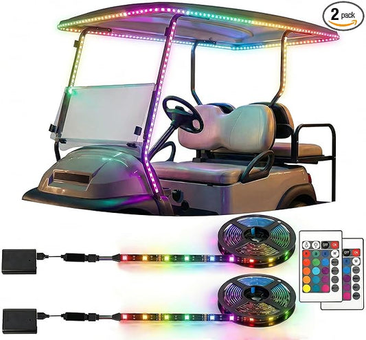 2PCS 78.7 Inch RGB Golf Cart Lights with Remote Control LED Underglow & Roof Strips, Waterproof No-Drill Golf Cart Accessories for Canopy, Underbody, Boat & Night Decoration Roof & Underbody Lighting