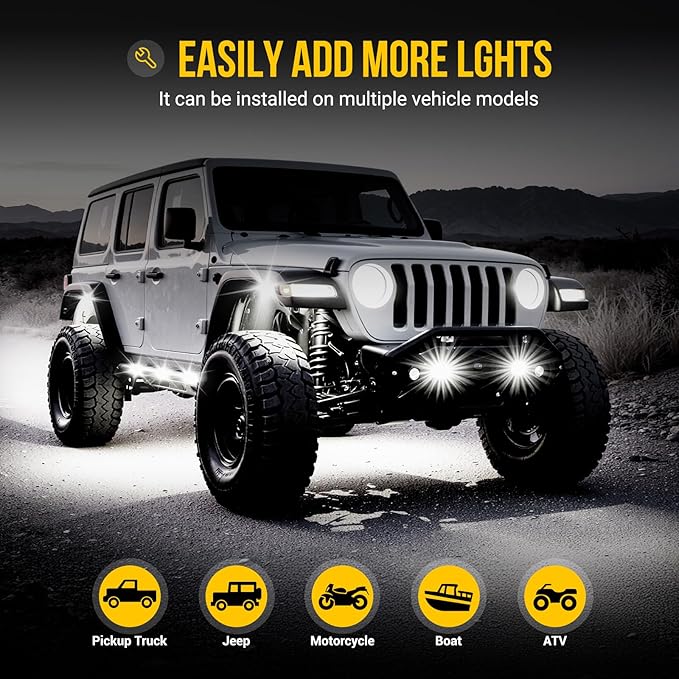 Hovano 12 Pods COB White Rock Lights, 120 COB Chips 6500K Pure White Super Bright Neon Underglow, IP68 Waterproof Shockproof Off-Road Light Kit for Pickup Trucks, SUV, UTV, ATV, RZR, Cars & Boats