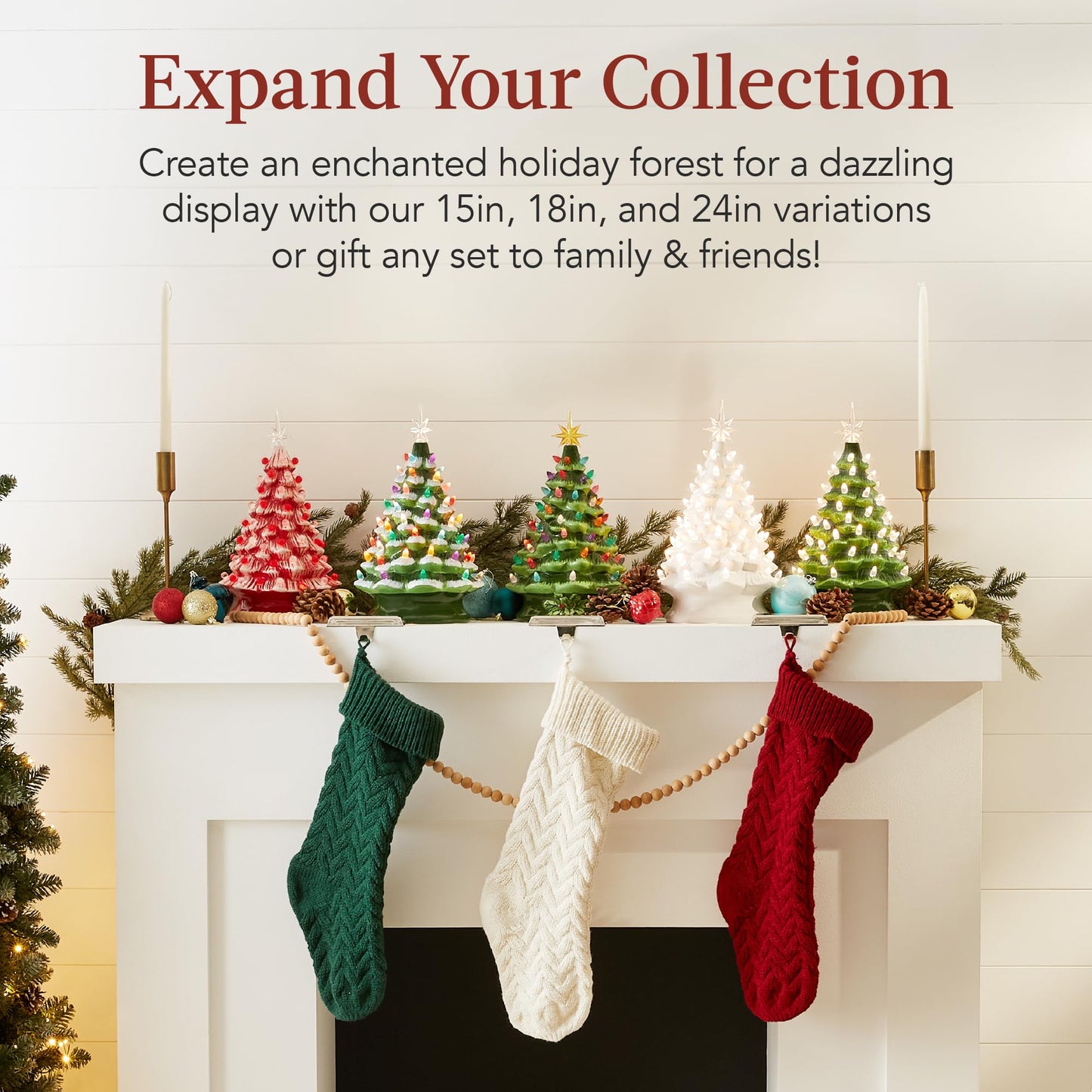 Best Choice Products 15in Ceramic Christmas Tree, Pre-lit Hand-Painted Tabletop Holiday Tree, 2 Star Toppers, 64 Lights - Peppermint w/Red and White Bulbs