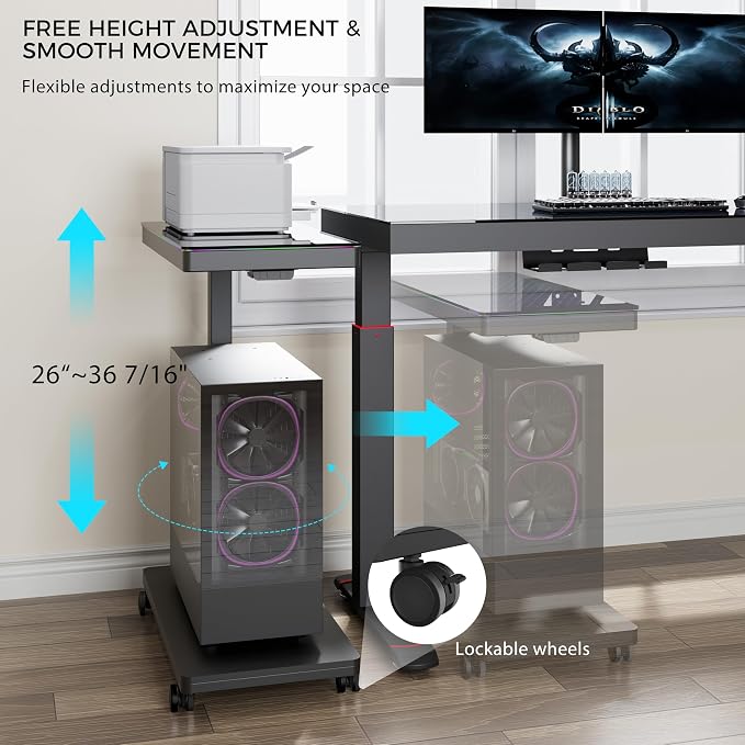 EUREKA ERGONOMIC Height Adjustable Computer Tower Stand, Illuminated Glass