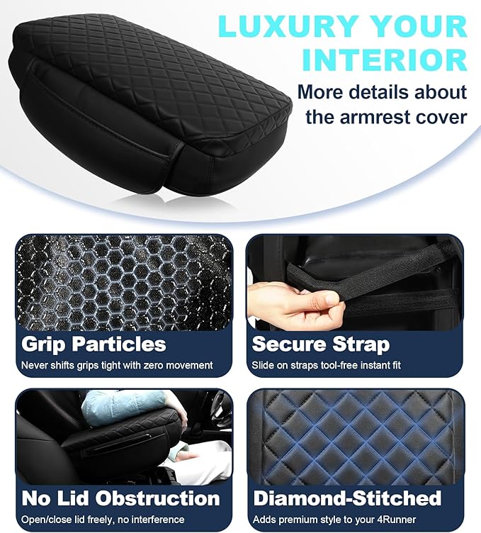 Armrest Cover for Toyota 4Runner Center Console Pad with Organizer Storage Pockets, Black Faux Leather Arm Rest Lid Protector Cushion Interior Accessories (2025-2026)