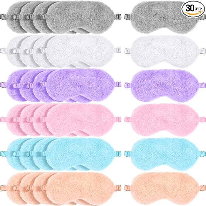 Hercicy 30 Pieces Plush Sleep Eye Mask Bulk Soft Blindfold Comfortable Fluffy Eye Cover for Women Protection Travel Nap Gift Birthday Sleeping Party Favor