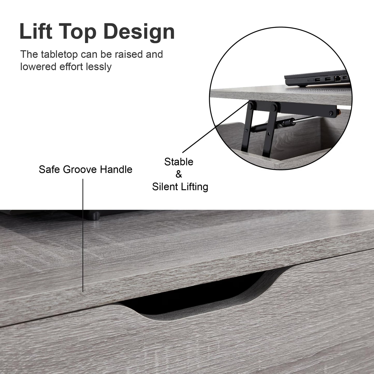 Furrnook 39" Lift Top Coffee Table with Hidden Compartment & Storage Shelf, Multifunctional Desk for Living Room, Home Office, Ergonomic Lift, Ample Storage for Gadgets & Essentials (Gray)
