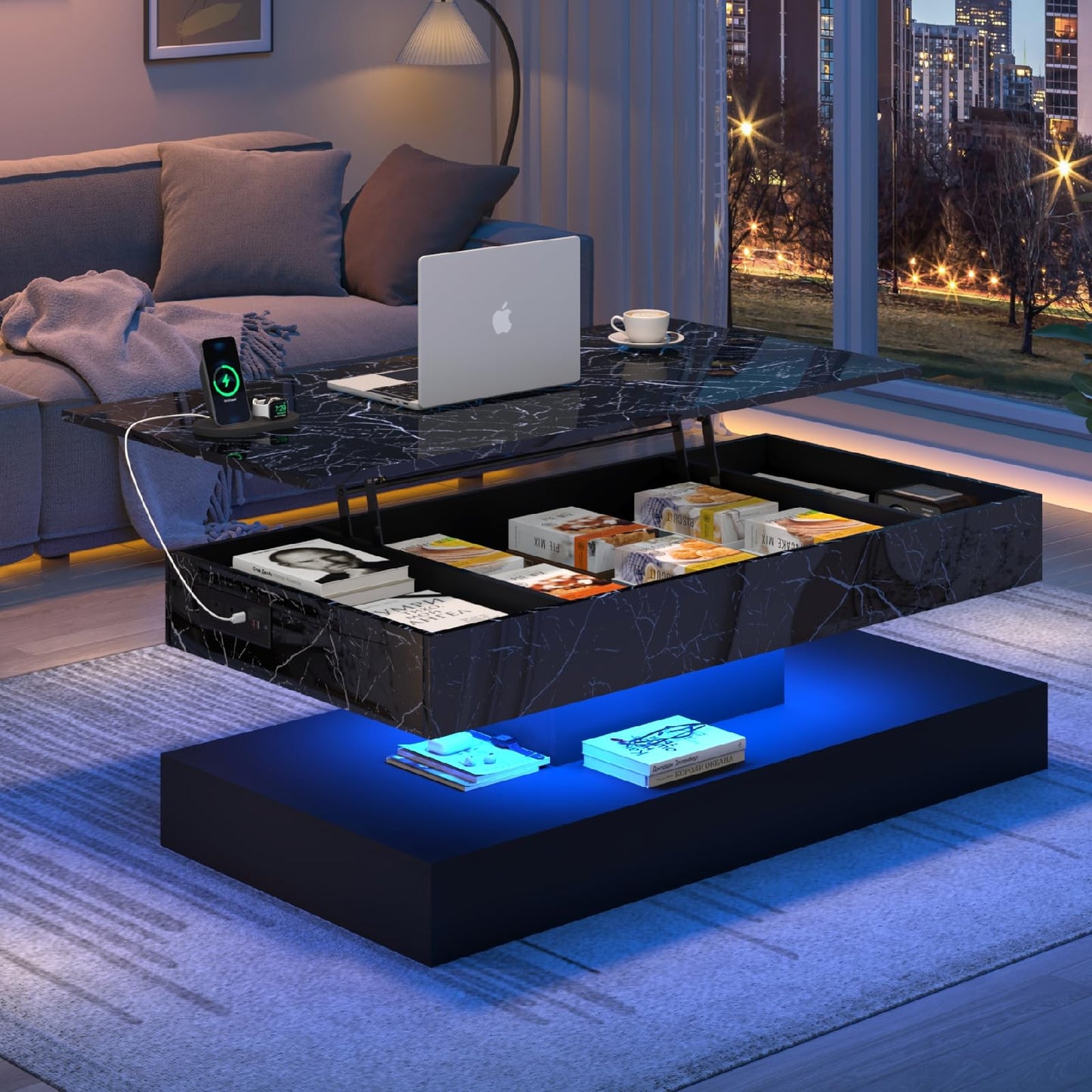 chartustriable 47.2" Large Lift Top Coffee Table with Charging Station, LED Modern High Glossy Center Table with Hidden Compartment Storage, White Lift Living Room Tables with Marbling Print, Black