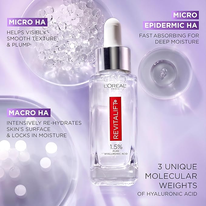 L'Oreal Paris Revitalift 1.5% Pure Hyaluronic Acid Face Serum, Hydrate & Reduce Wrinkles, Fragrance Free 1.7 oz