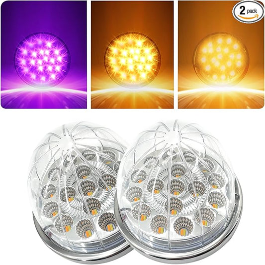 2PCS 17-LED Dual Revolution Amber to Purple Turn Signal & Marker Lights, Clear Lens & Stainless Steel Bezel for Freightliner, Kenworth, Peterbilt, Trailer, Heavy Truck