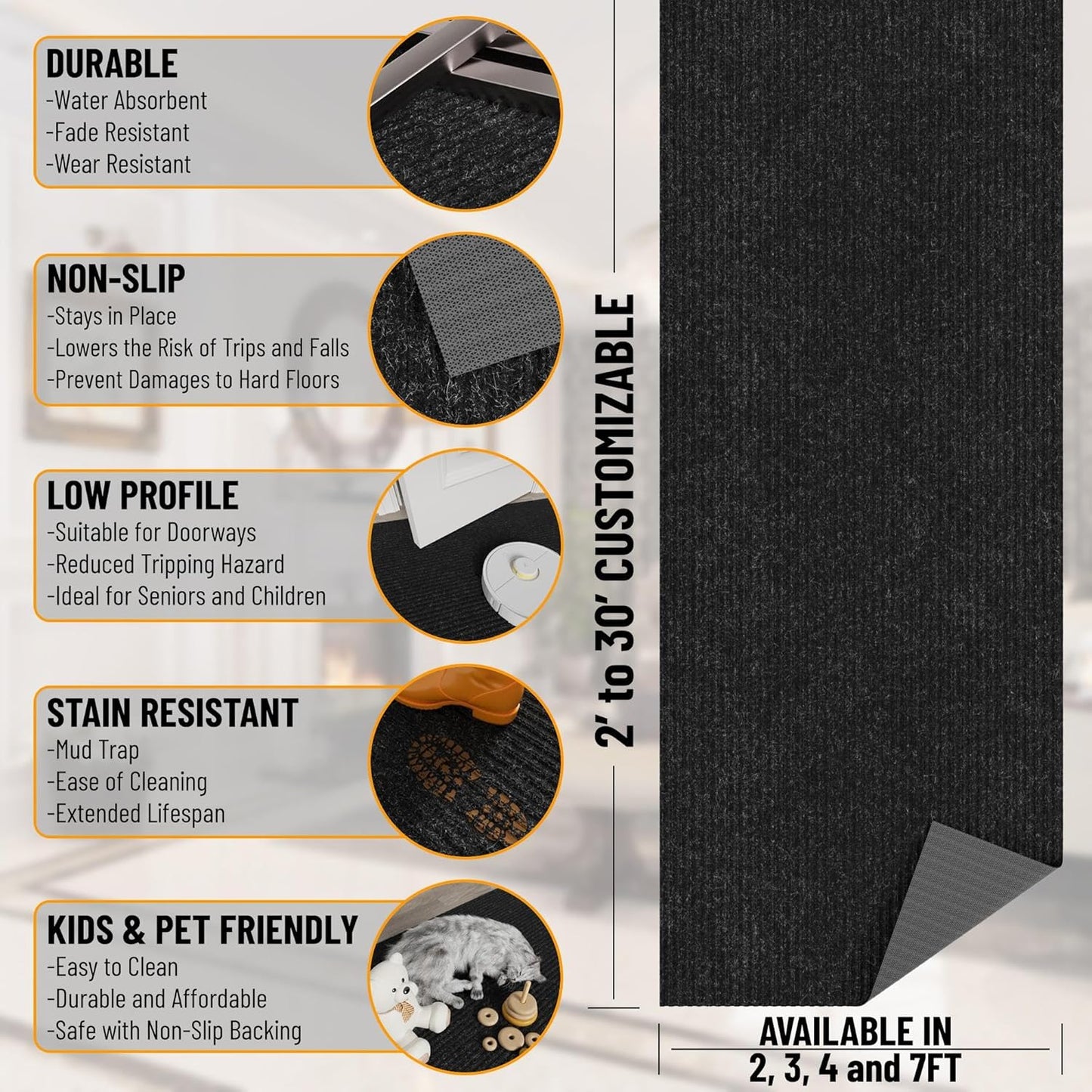 Ottomanson 5' x 6'6" Mud Mat Area Rug Scraper Carpet - Non-Slip, Dirt Trapping for Indoor & Outdoor Use - Ideal for Entryway, Garage, Kitchen, Patio & High-Traffic Areas, Black