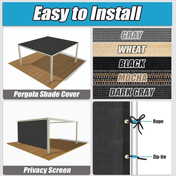 Amagenix 90% Pergola Shade Cover 5'X 16' Dark Gray Sun Shade Cloth with Grommets for Outdoor Garden Patio Porch-Commercial Grade 200 GSM-Cable Zip Ties Included (We Customized)