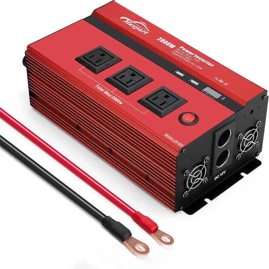 2000w Inverter 12v Car Power Inverters for Vehicles Truck with USB Charging Port,12v DC to 110v AC Inverter Converter with 3 AC Outlets 2000 Watt Invertor Solar Battery Inverter