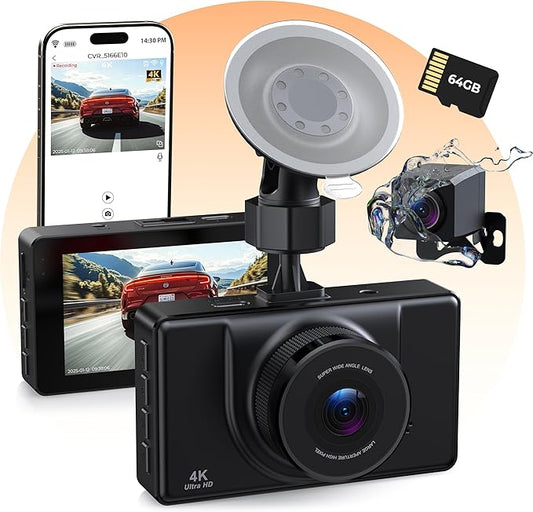 4K Dash Cam Front and Rear, 64GB Card Included, 4K+1080P Dual Dash Camera for Cars with WiFi App, Super Capacitor, WDR Night Vision, 3" IPS Screen, 170° Wide Angle, 24H Parking Mode, G-Sensor