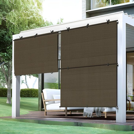 Bynbbur 7'W x 12.5'H Outdoor Patio Shades Foldable Roller Blinds, 220 GSM Sun Shade Roll Up Porch Screens Exterior Shade Cloth for Deck Pergola Backyard, Brown