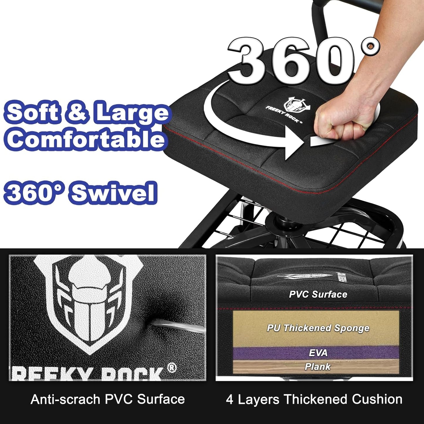 Rolling Shop Stool with Wheels, Garage Mechanic Shop Chair with Handle Backrest, Adjustable Height Work Stool, Roller Seat with Tool Tray Storage, Heavy Duty, 330 LBS Capacity, Black
