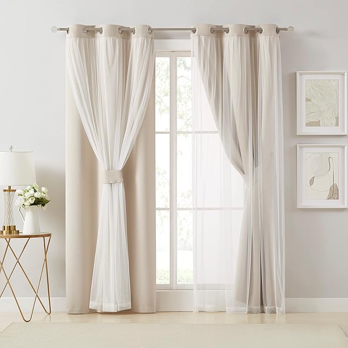 Bujasso Beige Moderate Blackout Curtains with Sheer Overlay Mix and Match Double Layer Thermal Insulated Window Panels 72 inch for Bedroom Beige Drapes with Tiebacks Grommet Top 37" Wx72 Lx2