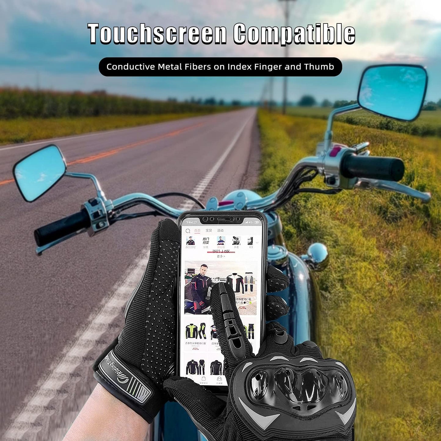 Motorcycle Gloves for Men and Women Full Finger Touchscreen Mountain Dirt Bike Gloves for Powersports BMX ATV MTB Driving Motocross Cycling Gloves(L, Black)