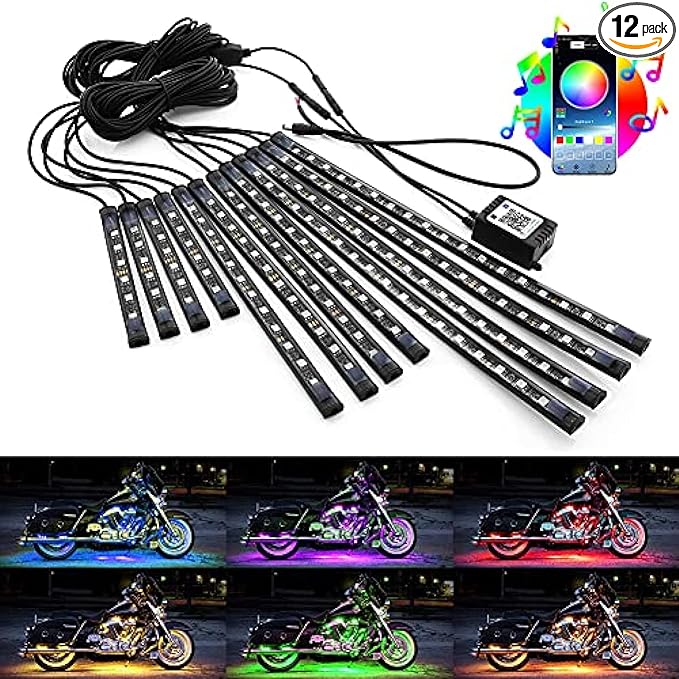 12pcs Motorcycle LED Underglow Kits,16 Million Colors A PP Control RGB Motorcycle LED Lights Sync to Music Waterproof DC12V.