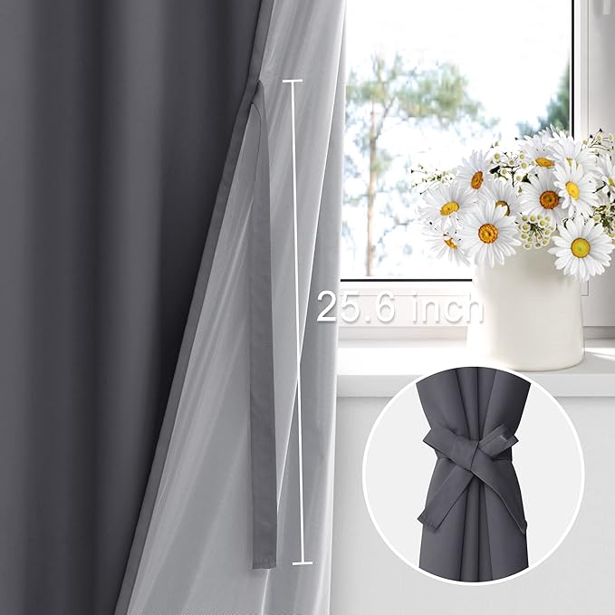 XWZO 100% Blackout Curtains 54 Inches Long with Tiebacks- Privacy Protection & Noise Blocking Window Draperies Grommet Top with Black Liner for Bedroom/Living Room, Dark Grey, W52 x L54, Set of 2